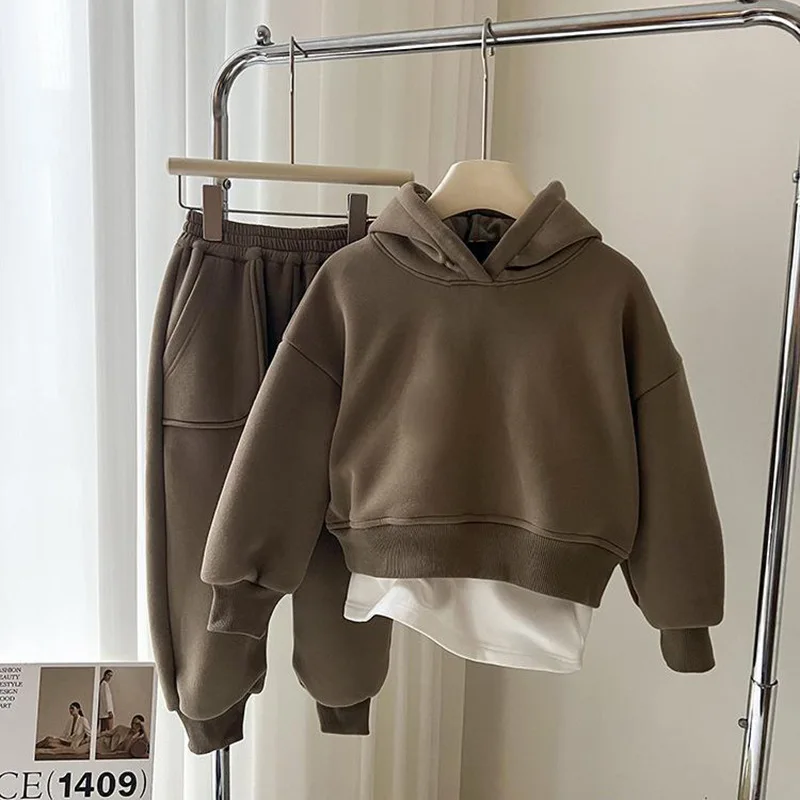 2024 Winter New Children Plus Velvet Thick Clothes Set Boys Girls Fleece Hooded Sweatshirt + Sweat Pants Suit Kids Warm Outfits