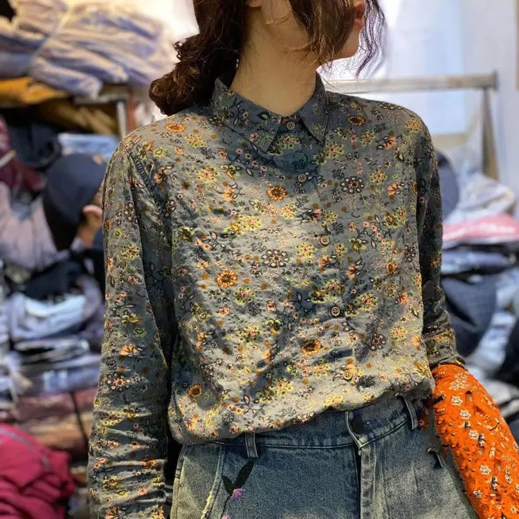 

Cotton and Linen Spring New Artistic Retro Printed Shirts for Women Fashionable and Versatile Slimming Tops for Women