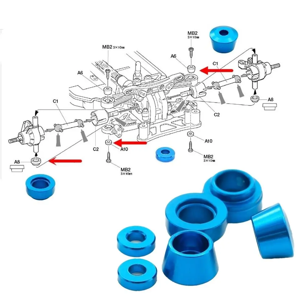 

6pcs Durable Aluminum Alloy Steering Knuckle Blue RC Car Accessories Flange Sleeve 1/10 Scale Bushing Gasket for Tamiya TT02
