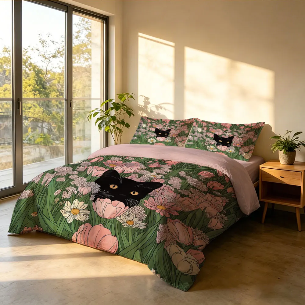 3PCS Flower Cat Print Duvet Cover Set Coreless1 Duvet Cover 2 Pillowcases Bedroom Bedding, Machine Washable Decoration
