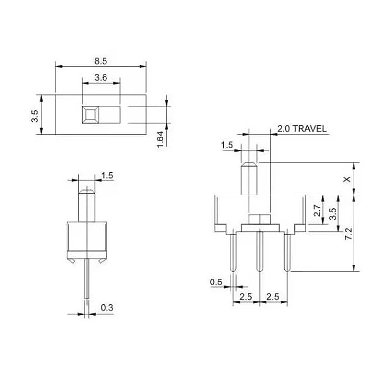 100PCS Interruptor on-off mini Slide Switch SS12D00 SS12D00G3 3pin 1P2T 2 Position High quality toggle switch Handle length:3MM