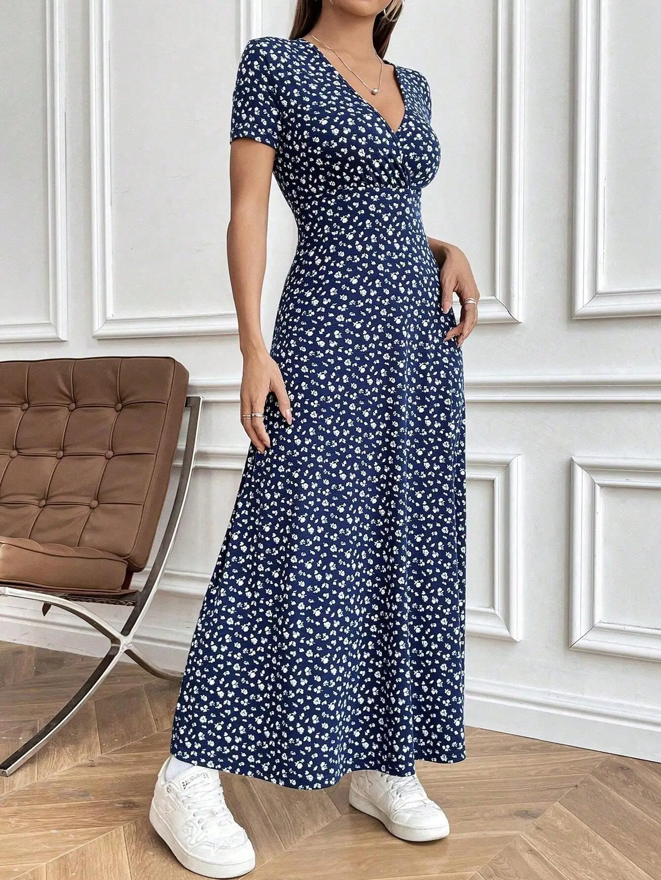 

Women V Neck Short Sleeve Floral Maxi Dress Casual Summer Vacation