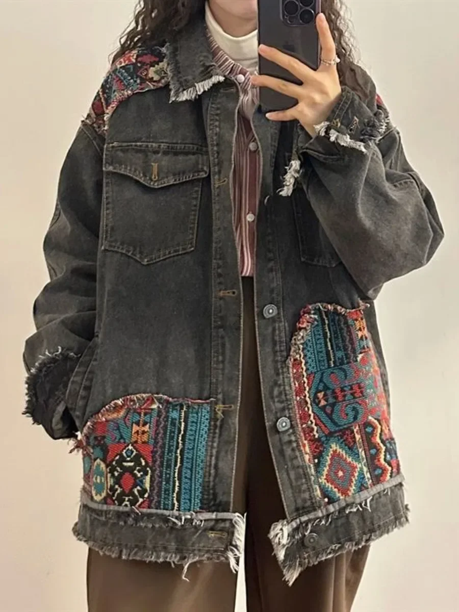 Vintage Boho Stickerei Jeans jacke Frühling Herbst 2024 Langarm lässig locker Trend Folk-Custom Stitching Raw Edge Jeans Mantel