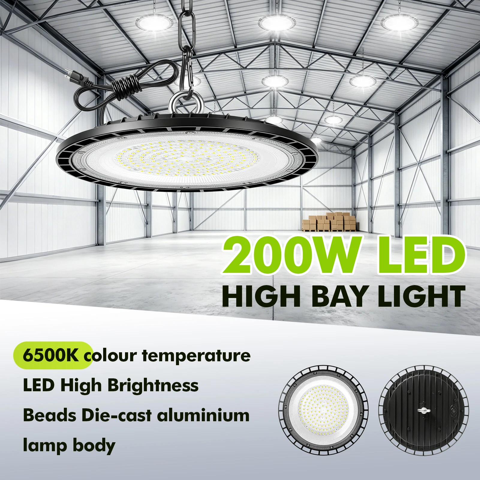 High Bay Lights 200W 300W 400W 500W UFO LED Super Bright Commercial Industrial Lamps for Market Warehouse Garage Industrial Lighting Fixture