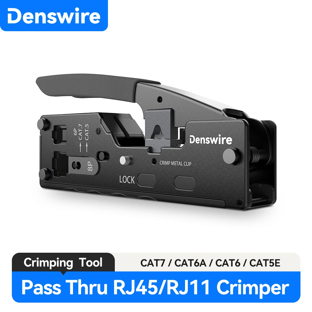 Denswire Pass Through RJ45 Crimper Tool Ethernet Crimping Tool for Cat8/7/6A/6/5E 8P 6P RJ11 RJ45 Connectors Crimping Tool