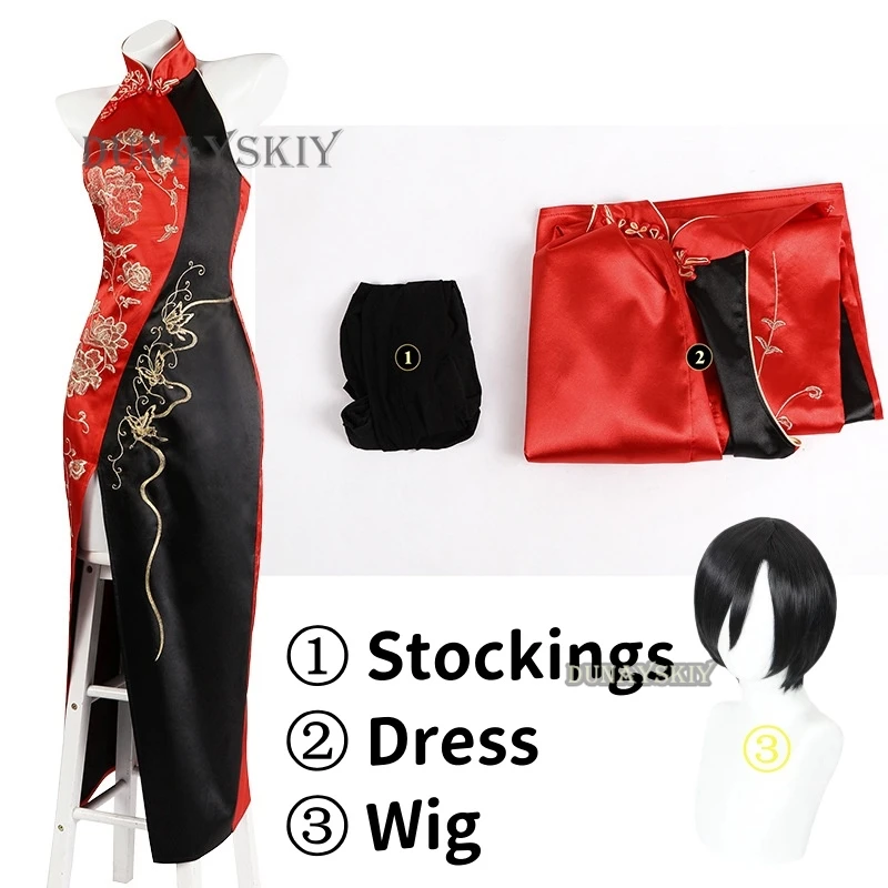 Female Resident 4 Ada Wong Cosplay Evil Costume Cheongsam Dress Red Ada Wig Shoes Halloween Carnival Disguise Suit Women Girls