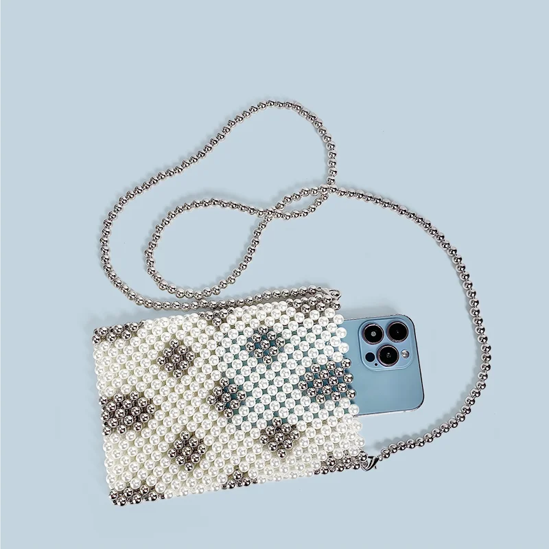 Handmade Beaded Bag for Women, New Style, Graceful, Small Fresh Pearl Phone Bag, Single Shoulder Crossbody Bag, 2024