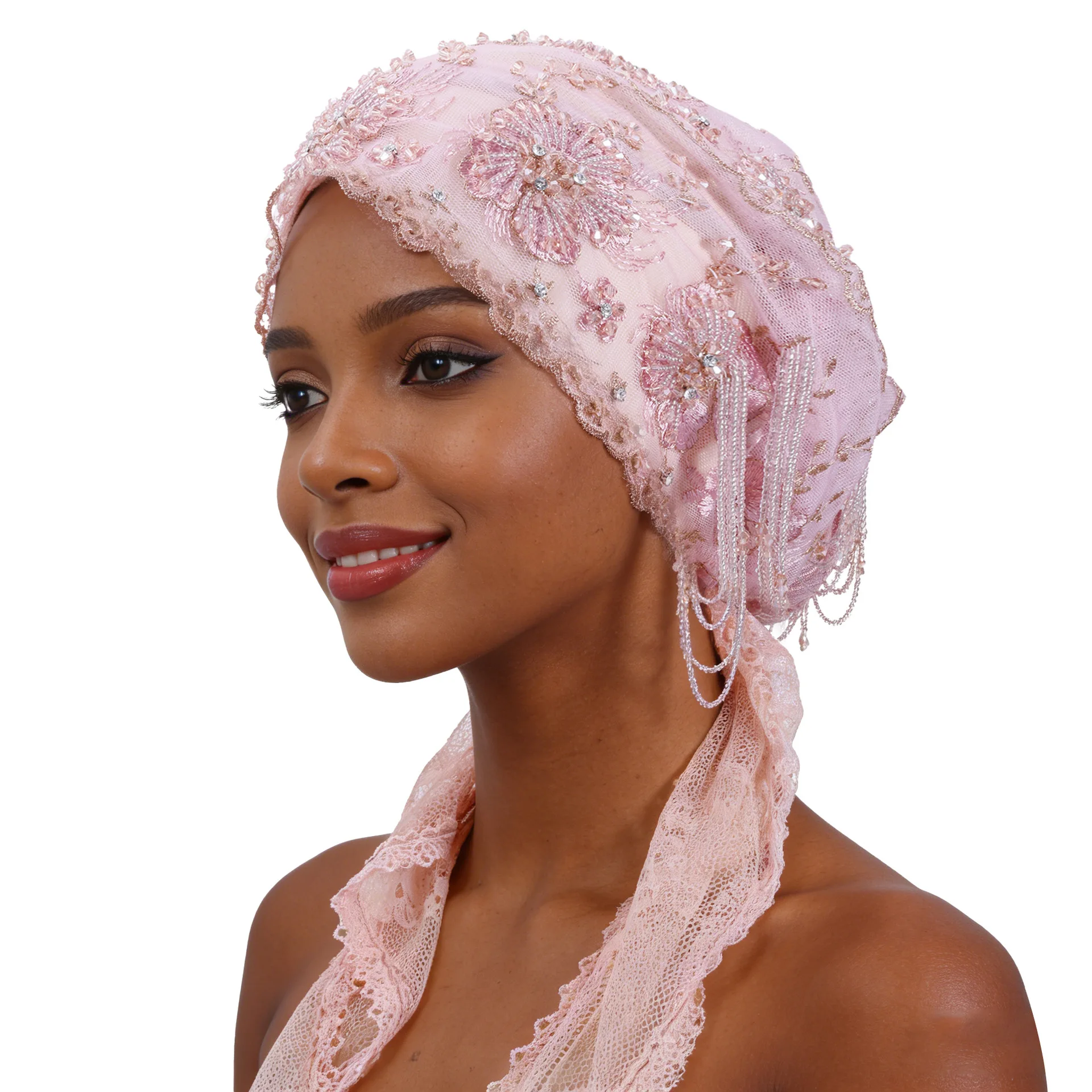 

Роскошный тюрбан с кисточками и бусинами, женская предварительно завязанная шляпа, мусульманский хиджаб, платок с кисточками, исламская повязка на голову, капот, кепка, кружевной головной убор с вышивкой