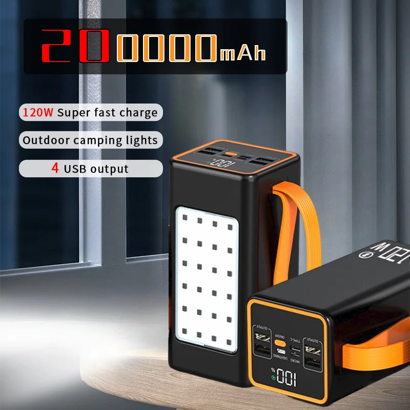 

200000mAh PowerBank 120W Super Fast Charging Station Emergency Power Bank for Iphone Xiaomi Laptop LED Charger Home Camping