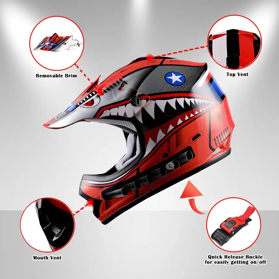 Casque de Motocross pour jeunes enfants, casque de moto, lunettes rouges requin MG, lot de gants rouges pour jeunes