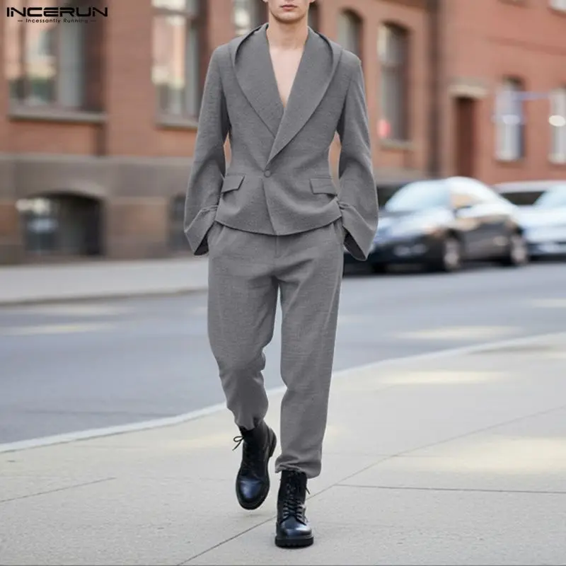 INCERUN Men Sets Solid Color Long Sleeve Hooded Blazer & Pants Two Pieces Sets Elegant Streetwear Fashion Men Casual Suits S-5XL