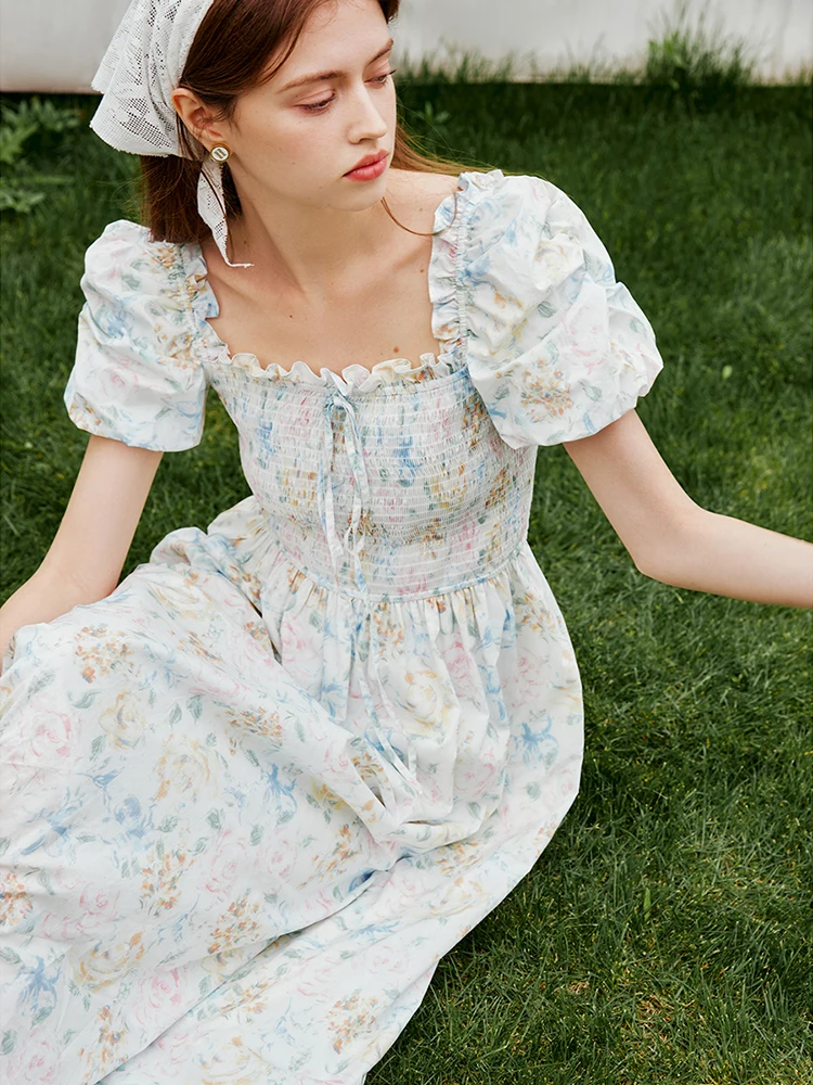 FSLE French Style Square Neck Romantic Floral Dress 2024 Summer New Ladies All-match Casual Long Dress 24FS12525