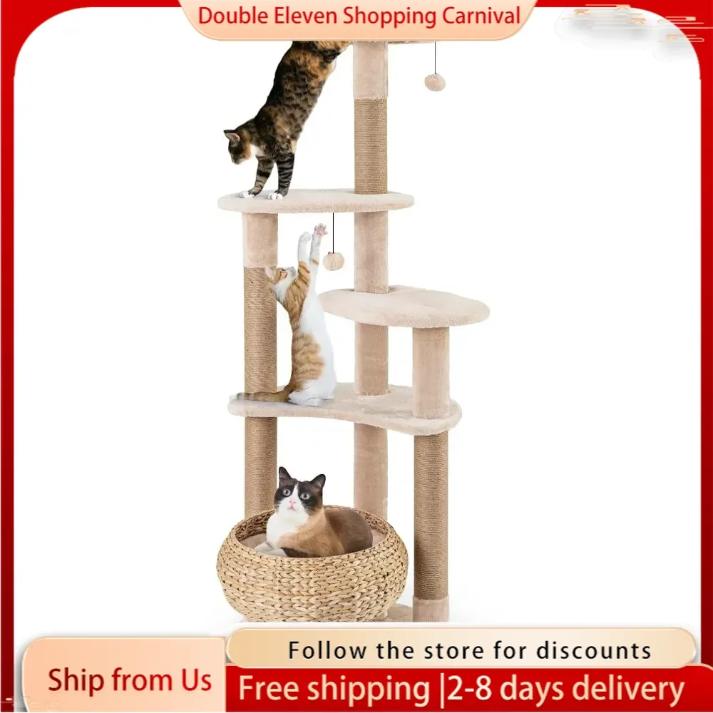 65 inch Cattail Cat Tree Tower, Multi-Level  Tower with Natural Jute Scratching Posts, Dangling Balls and Jumping Platforms,