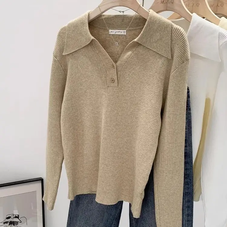 

2024 Women's Spring Autumn New Loose Polo Collar Jumpers Female Buttons Knitwear Tops Ladies Long Sleeve Sweater Tops U168