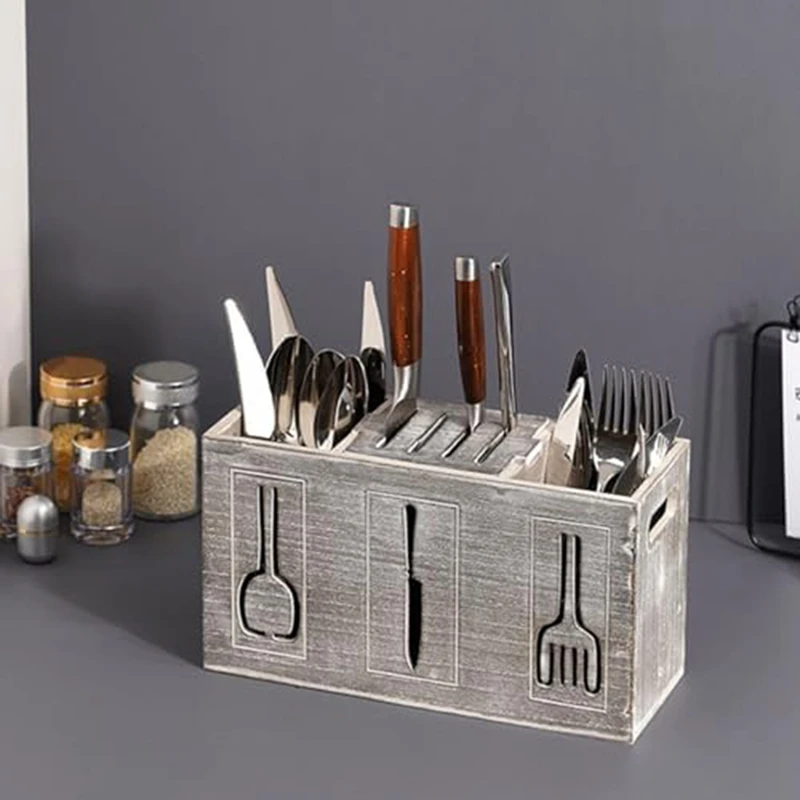 

Rustic Wooden Flatware Organizer, 3 Section Kitchen Utensil Holder, Farmhouse Kitchen Cutlery Bin Countertop Storage Box