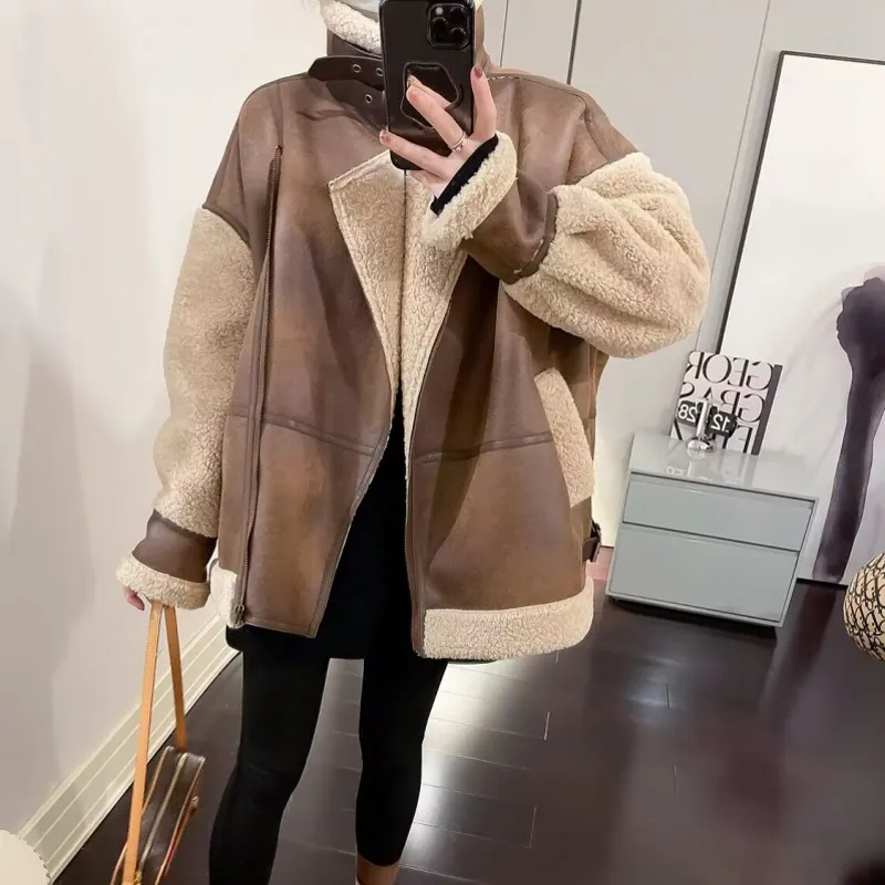 Women Lamb Fur Leather Brown Jacket Ladies Zipper Long Sleeve Coat Retro Loose 2023 Autumn Winter Female Thick Outwear Mujer