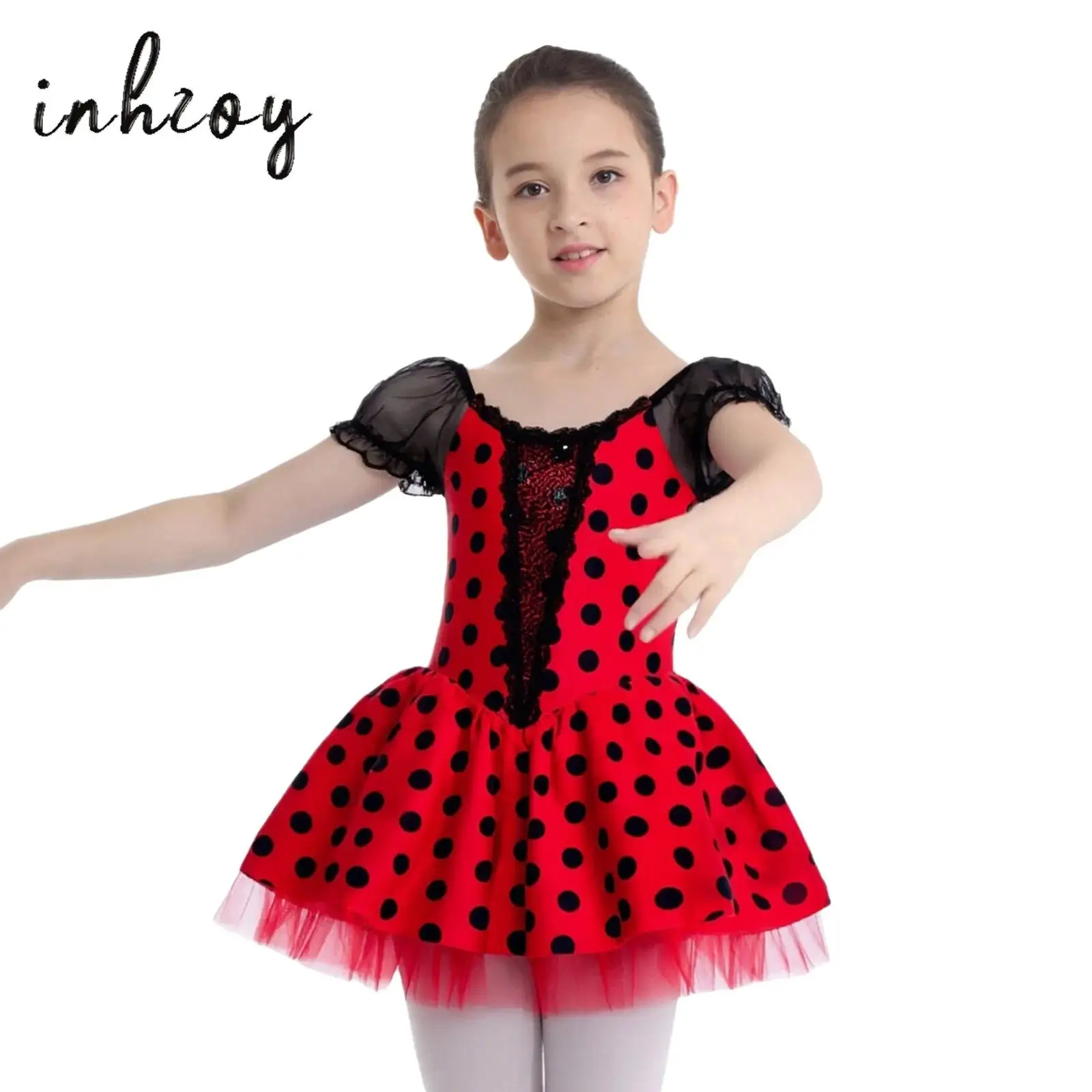 

Girl's Ballet Dress Short Puff Sleeves Shiny Sequins Color Block Dots Dance Tutu Dress for Professioal Ballerina Performance
