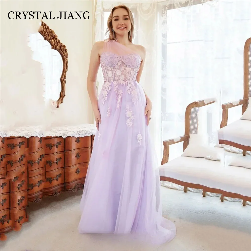 

Vintage Long Purple One Shoulder Tulle Prom Dresses Sleeveless with Appliques A Line Floor Length Выпускные платья