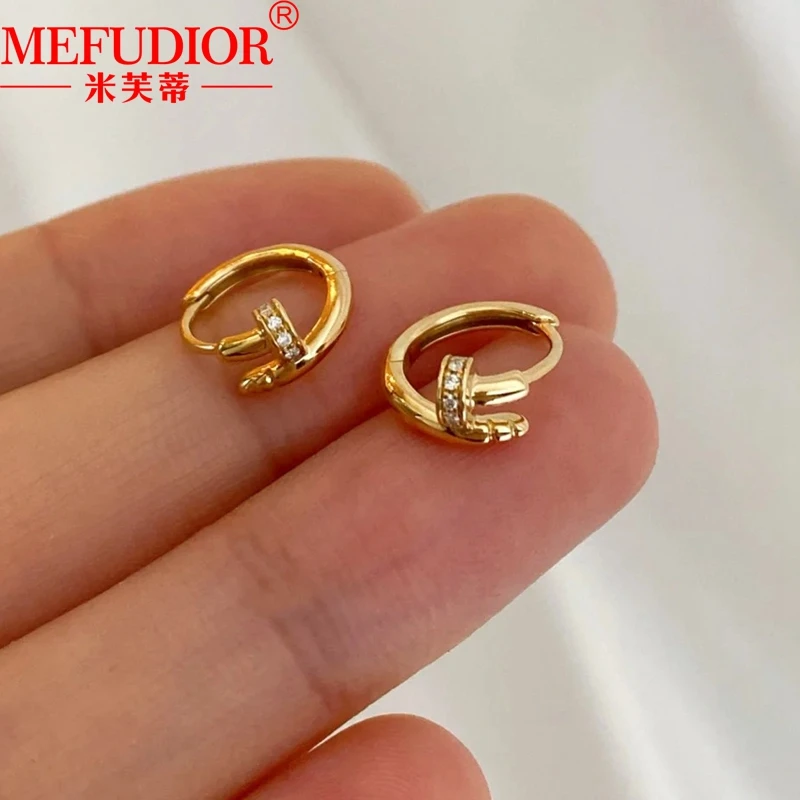 

14K Yellow Gold Women's Stud Earrings Inlay Zircon Rivet Hoops Earrings 5.5mm Wide High Quality Luxury Couple Party Jewelry Gift