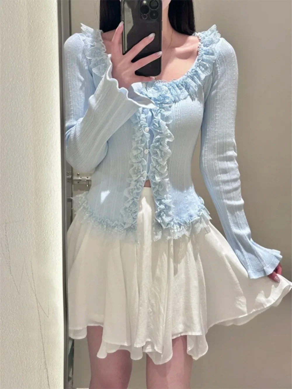 

2026 Ruffle Fairycore U Neck Flare Sleeve Knit Cardigan Fungus Lace Patchwork Sweet Jumper Japan All-match Preppy Style Sweaters
