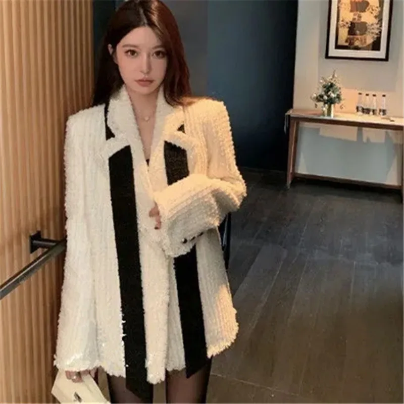 

Winter Coat Women's Fashion Pop Tweed Jacket Solid Color Streamers Lapel Single Breasted Long Sleeve Top Female Clothing ZM150