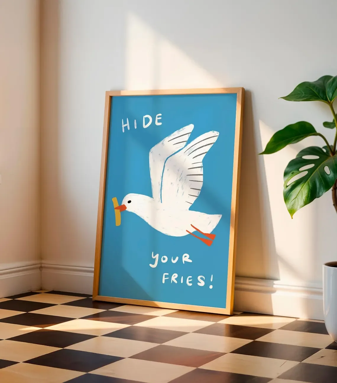 Funny Beach Wall Art, Hide Your Fries Print, Seagull Coastal Kitchen Poster, Beach House Wall Art