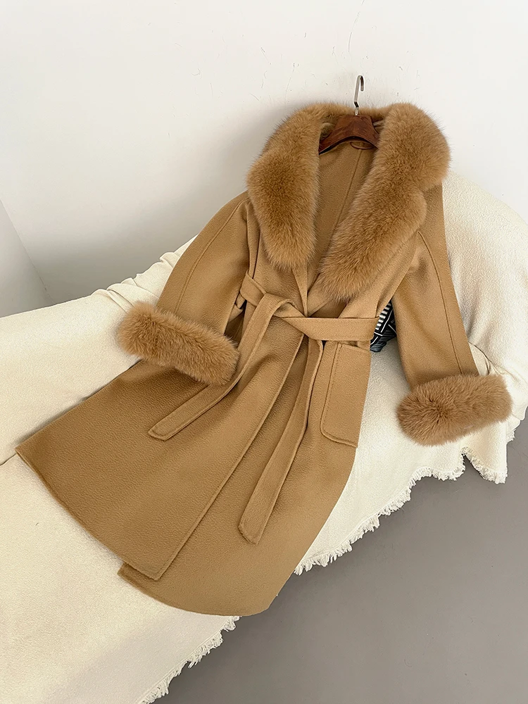 2025 الشتاء سيدة فضفاضة ترتيب الأسرة طوق ملابس خارجية النساء ريال فوكس الفراء الصوف يمزج معطف سترة أنيقة طوق مكتب