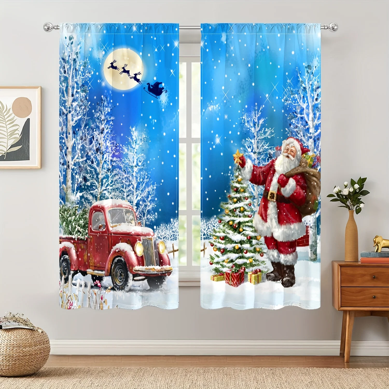 

2pcs Blue Christmas Snow Scenery Curtains, Rod Pocket Santa ClausCar Printed Light Filtering Curtains For Kitchen Living Room