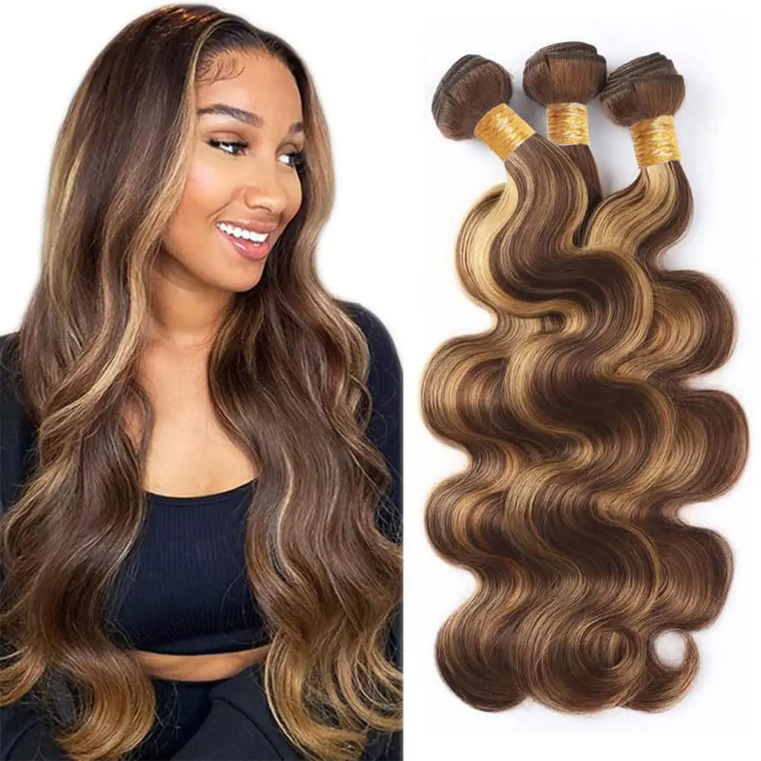 Highlight Body Wave Body Wave P4/27 Human Hair Real Unprocessed Weave Extensions Piano Color 4/27 Honey Blonde Bundle for Women