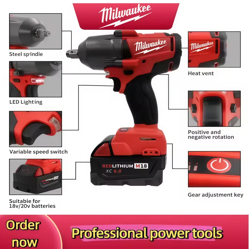 Milwaukee NOVÝ akumulátorový elektrický utahovák, velký moment, bezkartáčový rázový utahovák, opravy automobilů a nákladních vozidel, elektrické nářadí pro 18V baterii - náhled 6