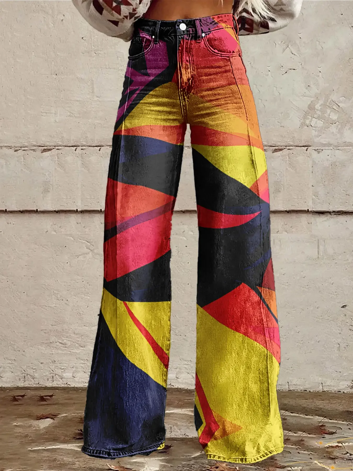 

European and American contrasting 3D printed women's pants are fashionable and comfortable, imitating denim printing