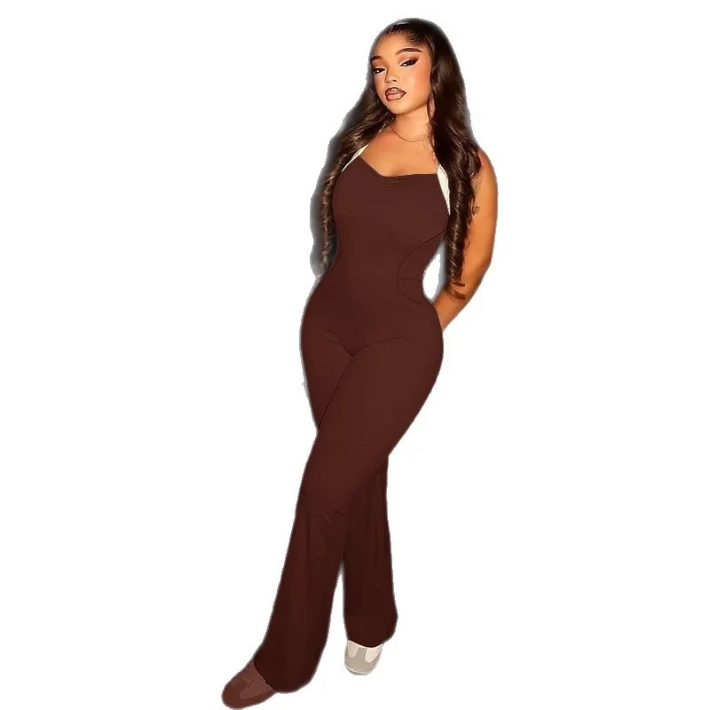 Confortable décontracté couleur pure Patchwork Bell Bot Onesie sangle Ba longue longueur vêtements de sport transfrontaliers pour femmes par Xia an R...