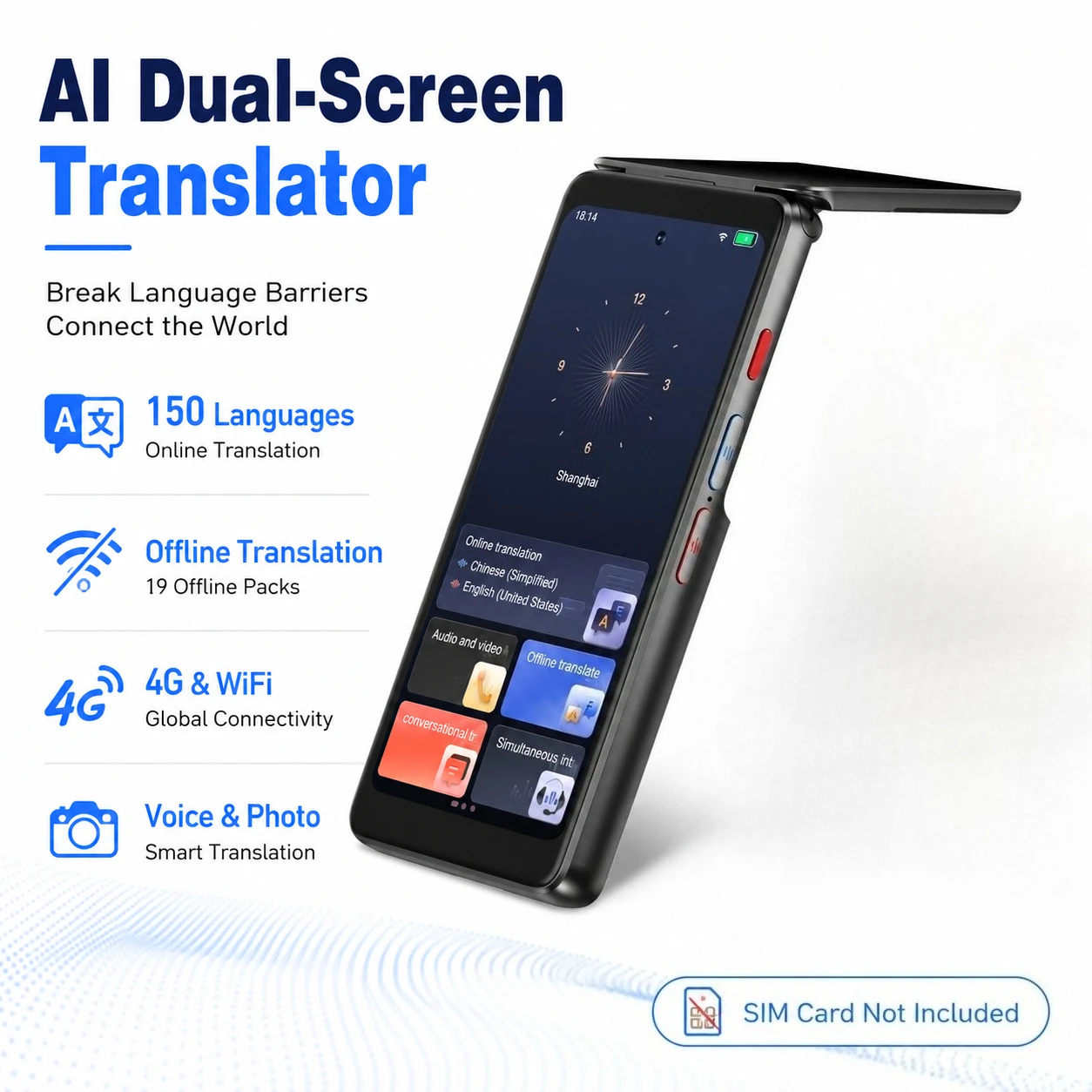 T90 AI Dual Screen Translator 150 Languages Offline Voice Photo Video Translation 4G WiFi Portable Travel Interpreter
