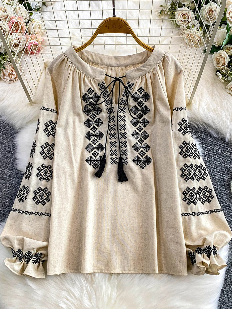 

Women's Autumn Blouse Bohemian Ethnic Style Vacation Embroider O-Neck Shirt Casual Lace Up Loose Top Female Pullovers BL255