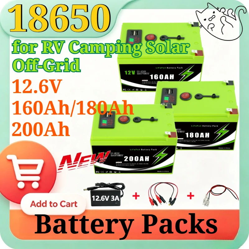 New 12.6V 160Ah/180Ah/200Ah Lithium LiFePO4 Battery Pack with USB Port & LED Display Rechargeable for RV Camping Solar Off-Grid