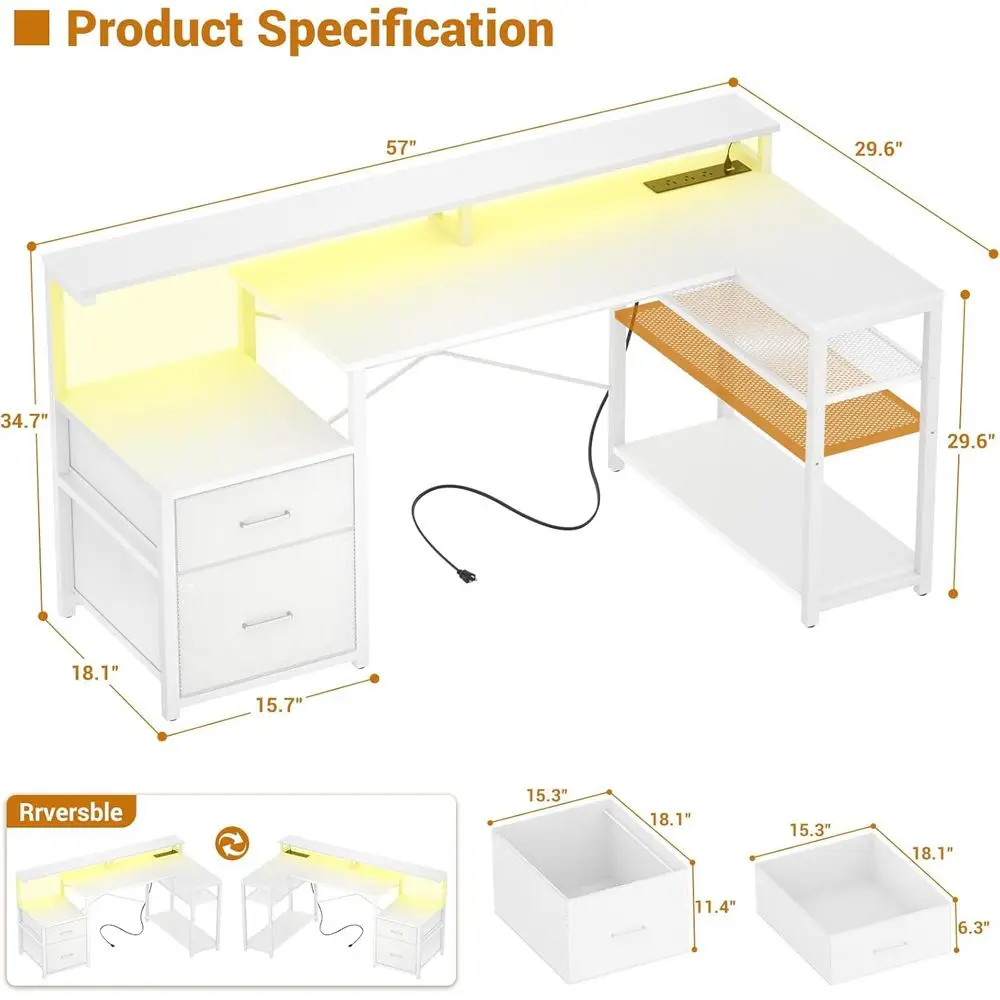 White Corner L-Shaped Desk with File Drawer, Monitor Shelf, Storage, Power Outlet, and LED Strip for Home Office and Gaming
