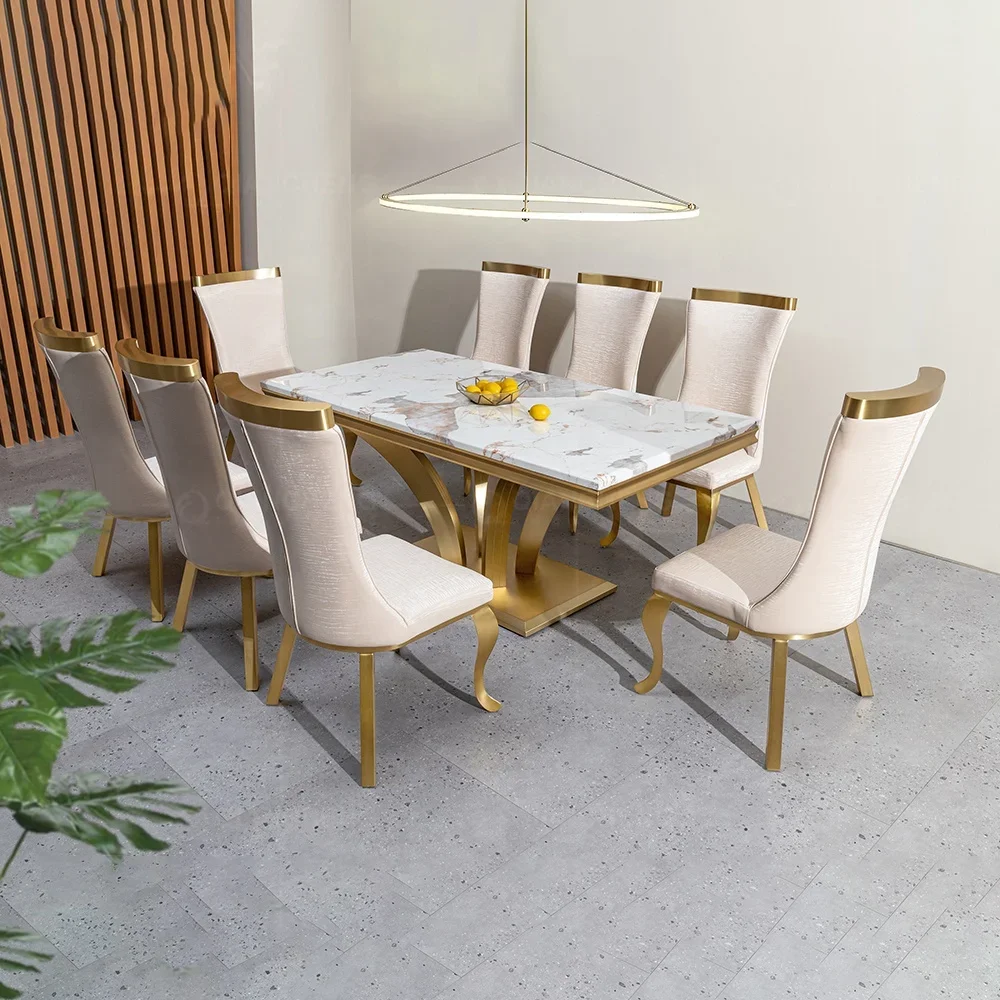 high end custom wholesale modern luxury marble dinning table medium gold plated trimming gloss dining table with chair 6 seater