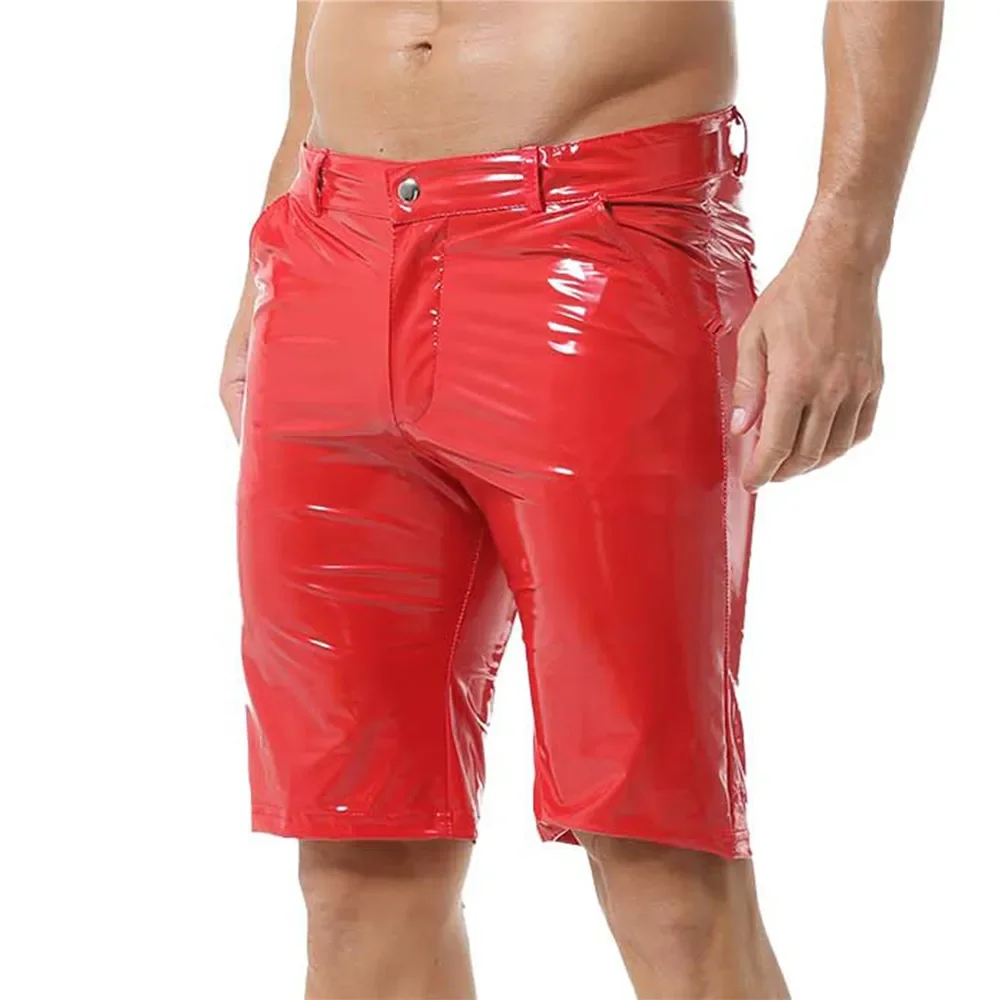 Mens PVC Leather Casual Shorts with Pockets Elastic Waist Slim Nightclub Dance Costumes Glossy Party Male Short Pants Trousers