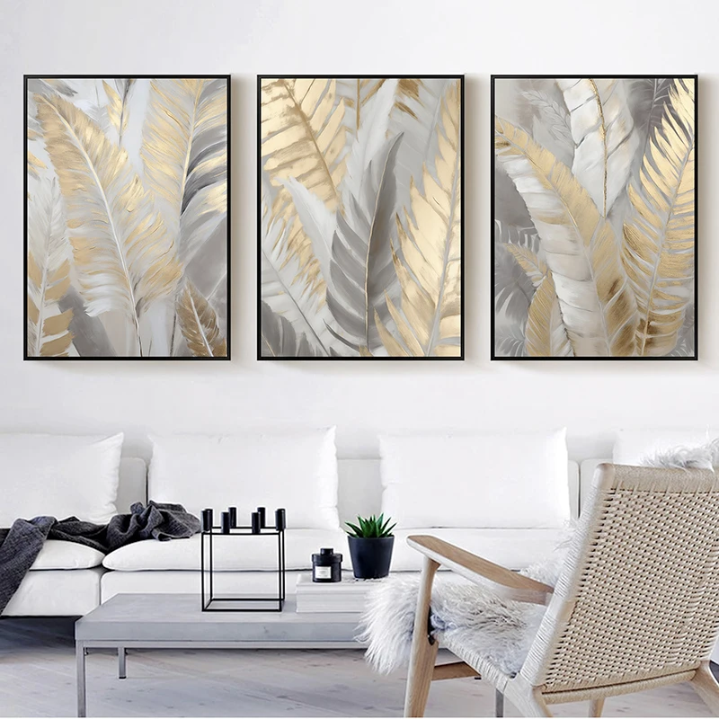 Nordic Gold Feather Canvas Painting Wall Art Neutral Abstract Modern Art Poster Prints for Living Room Home Decor Mural Unframed
