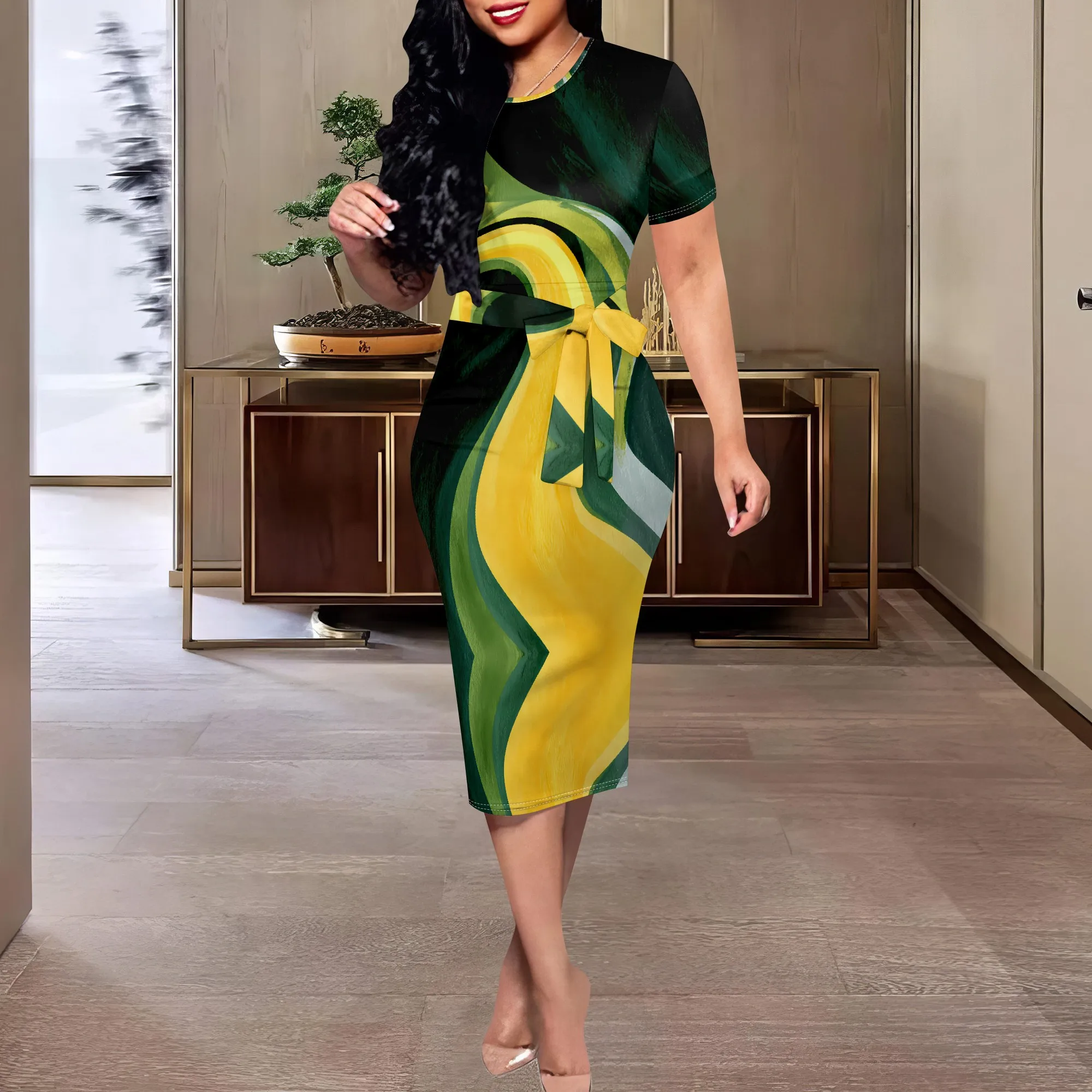 

Women's Abstract Color Block Midi Dress | Yellow & Green, Belted Waist, Casual & Chic | Perfect for Summer Vacations, XS-3XL