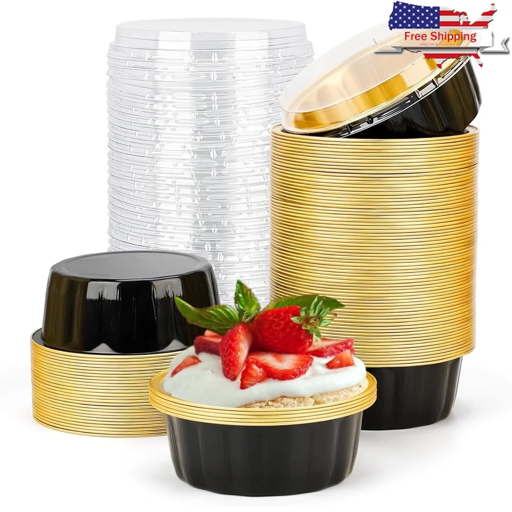 

Disposable Ramekins 8oz 100 Pack Black Gold Aluminum Foil Cups with Lids Disposable Creme Brulee Muffin Cupcake Baking Cup Mini