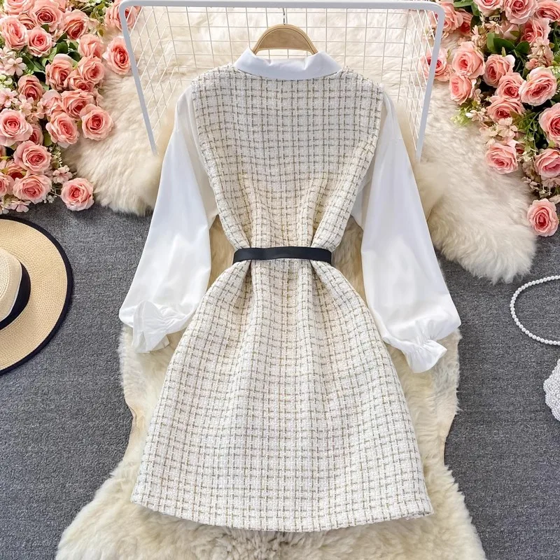 Imagem -06 - Conjunto de Duas Peças de Tweed Feminino Gola de Lapela Manga Comprida Tops de Camisa Branca Peito Único Colete Xadrez Vestidos de Cinto Moda Outono