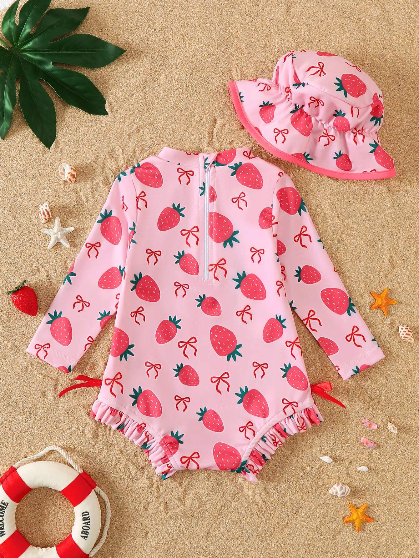 Summer Strawberries Print Long Sleeve Baby Girl One-Piece Swimsuit with Hat Wood Grain Ruffle Triangle Swimwear for Toddlers