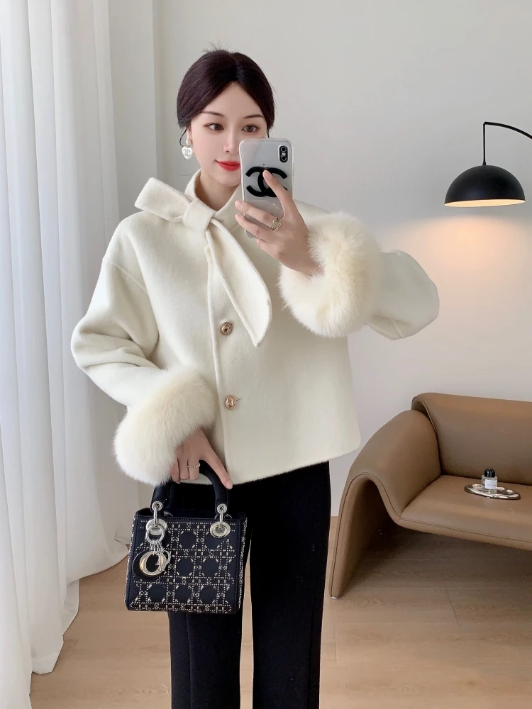 2023 Winter Wool Jackets New Bow Short Cuff Fox Fur Fur Double-Faced Woolen Goods Cashmere Wool Overcoat Coat for Women