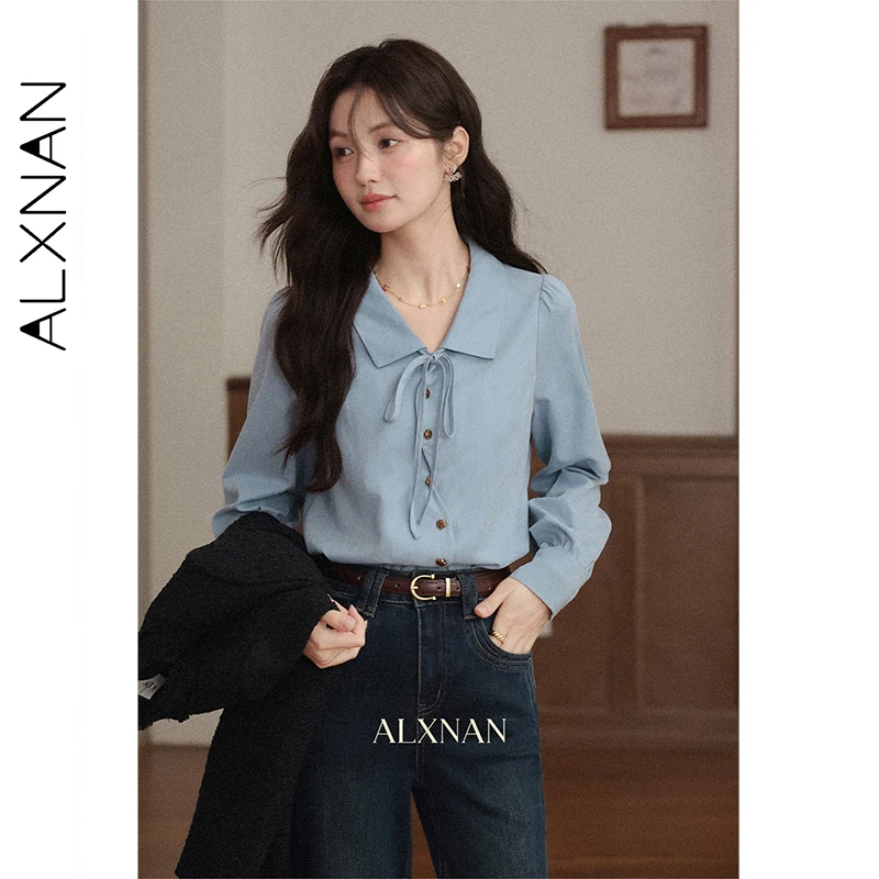 

ALXNAN Blue Women's Shirt Lapel Bow Ribbon Design Office Lady Blouses 2025 Autumn Casual Elegant Long Sleeve Top Female L57059