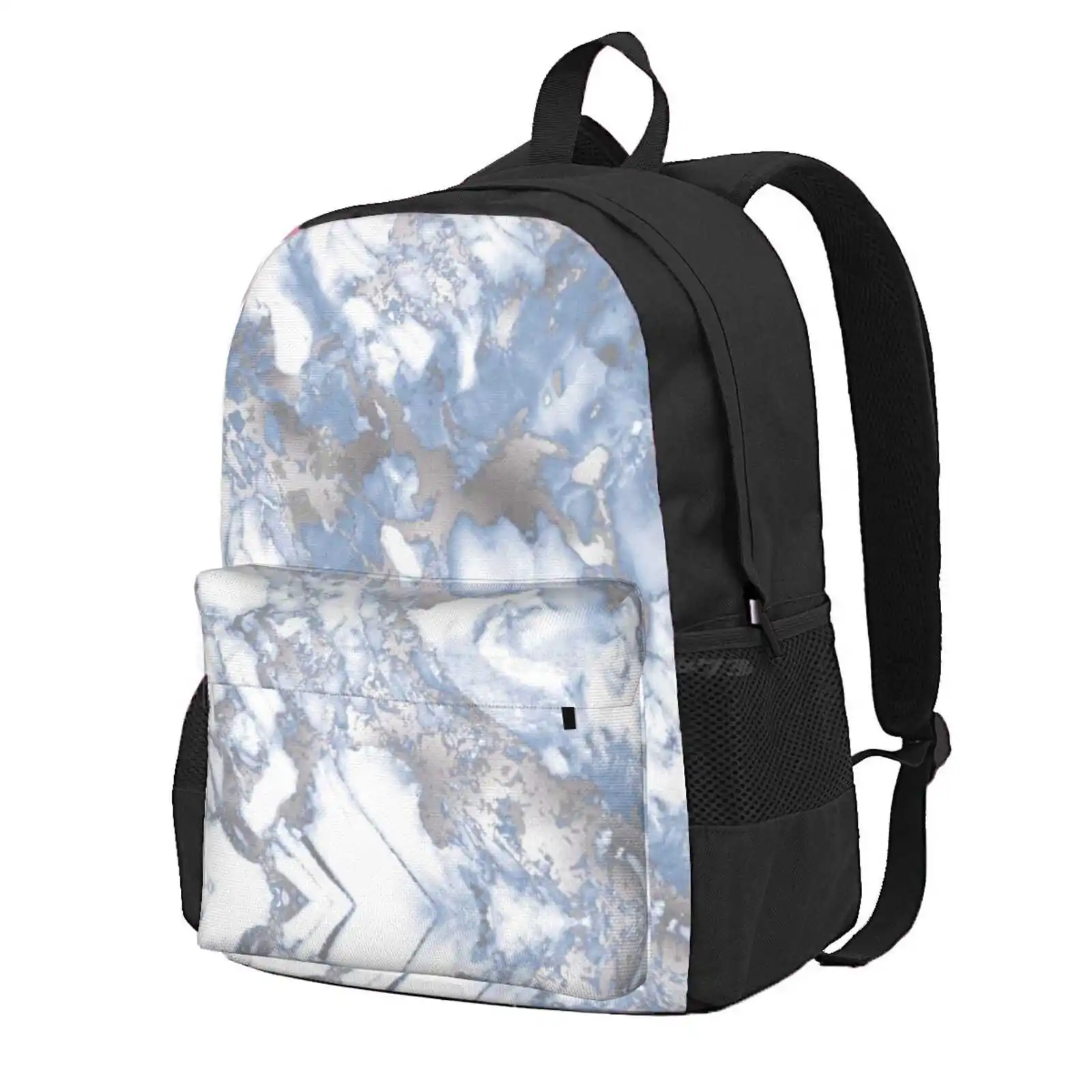 

Pale Blue And Silver White Marble Effect Pattern Hot Sale Schoolbag Backpack Fashion Bags Blue Silver Marble Blue Marble