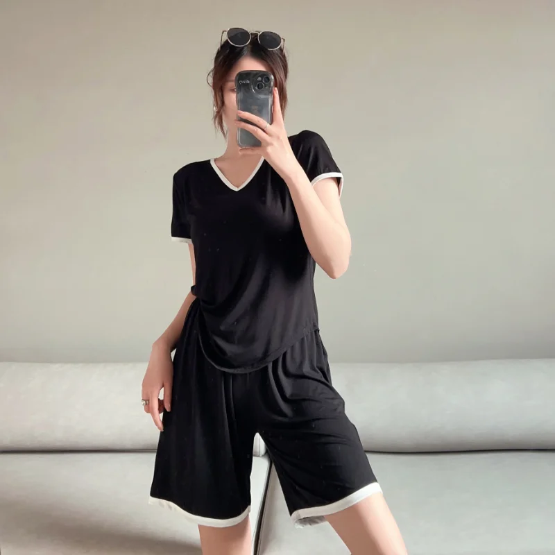 2024 summer new women\'s pajama suit Modal V-neck short-sleeved shorts two-piece thin loose large size home casual wear sleepwear