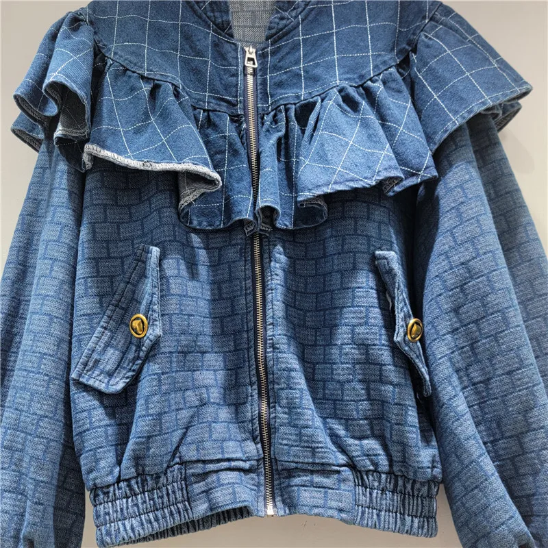 WTHT New Fashion Women's Spliced Shawl Collar Plaid Denim Jacket 2025 Autumn Trendy Long Sleeves Zipper Coat Female 1LS2261
