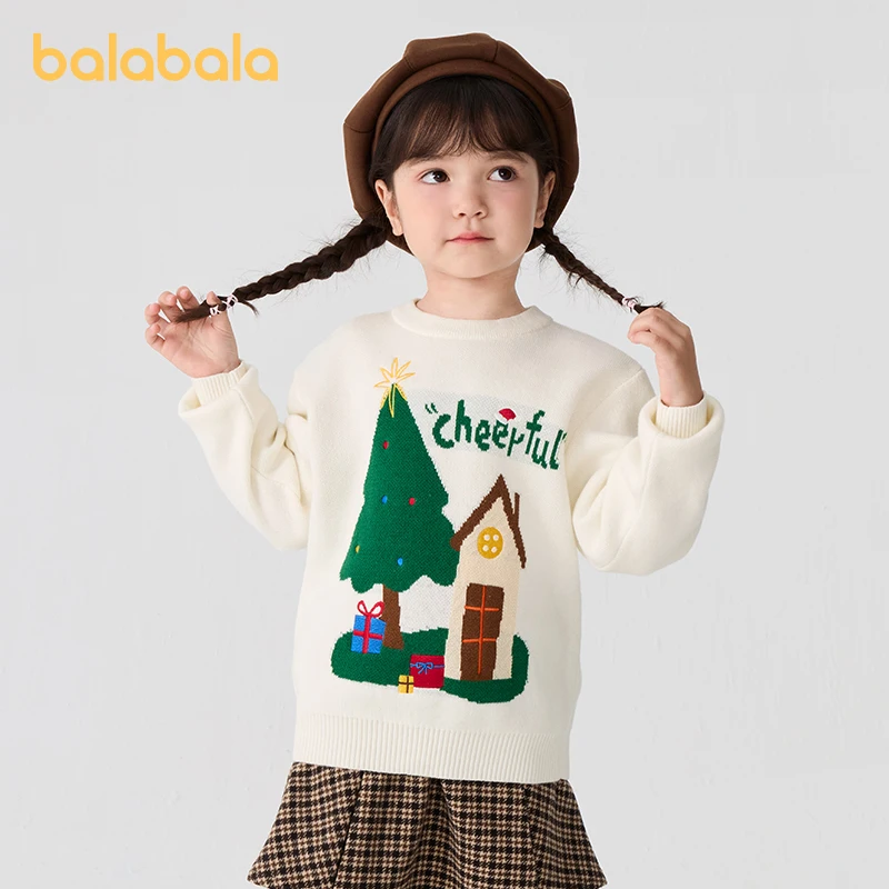 Balabala Toddler Christmas 2024 Round Neck Loose and Comfortable Sweater with Cute Cottage Pattern Childish Sweater