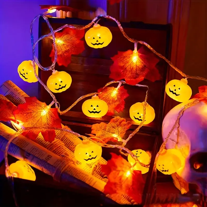 1PC Halloween LED String Lights Pumpkin Maple Leaf Lights for Indoor Outdoor Party Atmosphere Haunted House Holiday Decorations
